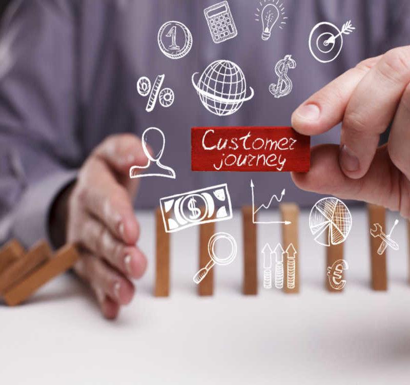 Business, Technology, Internet And Network Concept. Young Businessman Shows The Word Customer Journey