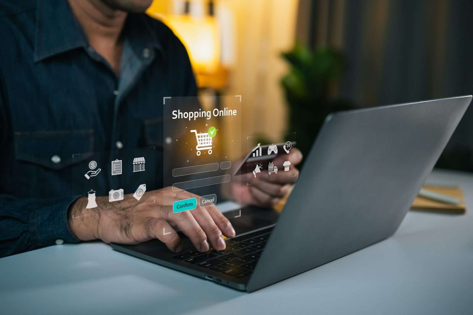 Person,using,laptop,for,online,shopping,with,digital,interface,showing